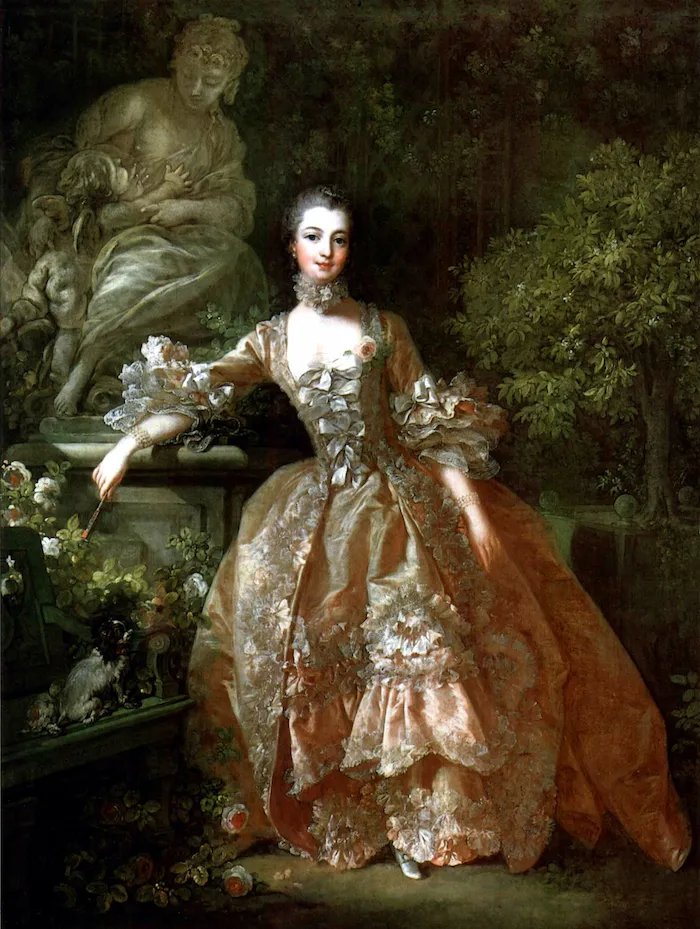 The portrait of Madame de Pompadour,<br />by François Boucher (1759), is a majestic celebration of the color rose.