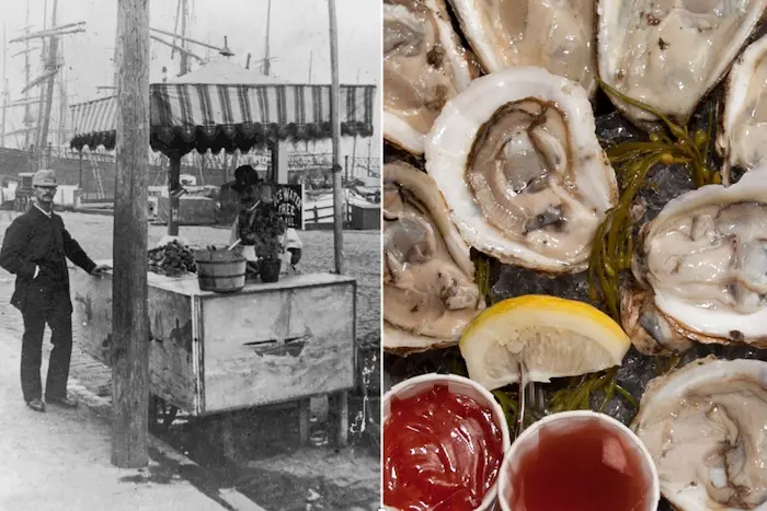 A customer buys a snack of oysters circa 1885 on South Street, near the harbor.